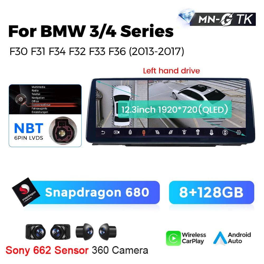 BMW 3 4 Series F30 F31 F32 F33 F34 F36 10,25" / 12,3" Android 14 Car Radio Snapdragon 680 Carplay Android Auto wireless GPS WIFI BT USB AUTMFPLI