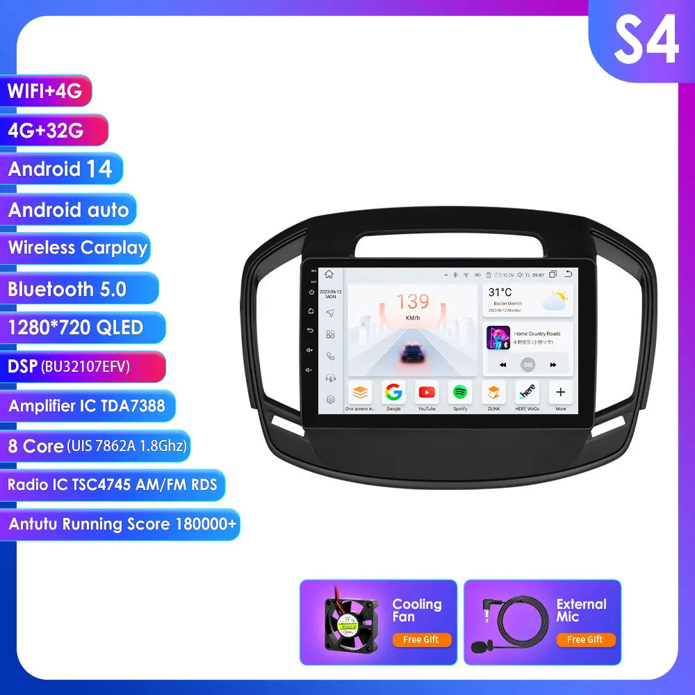 Opel Insignia 2009-2017 9" Android 14 Carplay Android auto wireless wifi bt gps 4g AUTM9ZD8