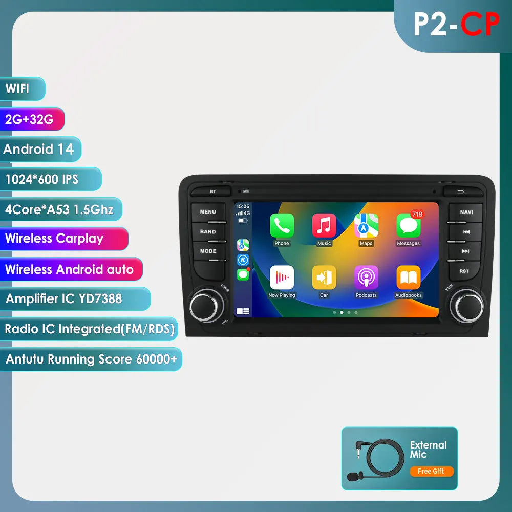 Audi A3 8P S3 RS3 2003-2012 7" Android 14 Carplay Android auto wireless wifi bt gps 4g AUTM2YMV