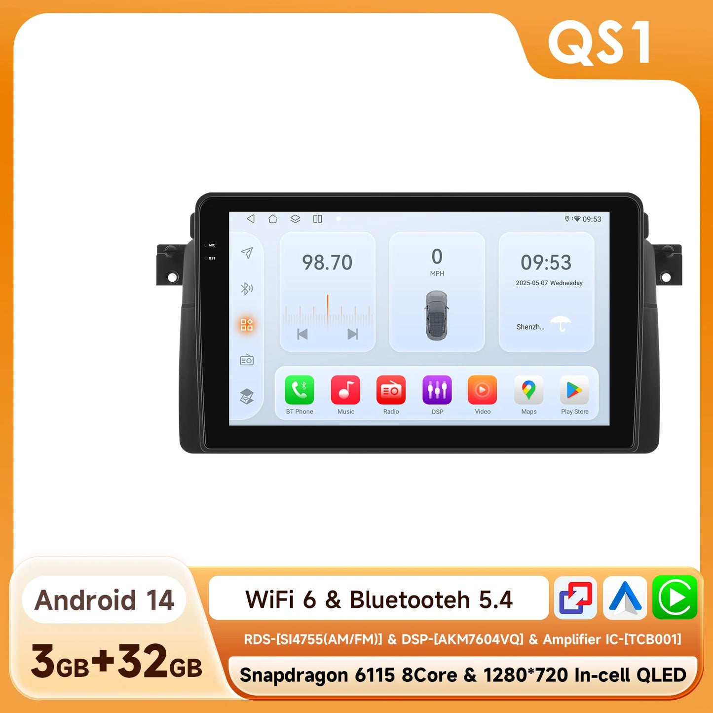 BMW E46 M3 X5 1998-2006 Rover 75 Coupe 9" Android 14 Carplay Android auto wireless wifi bt gps 4g AUTM550L