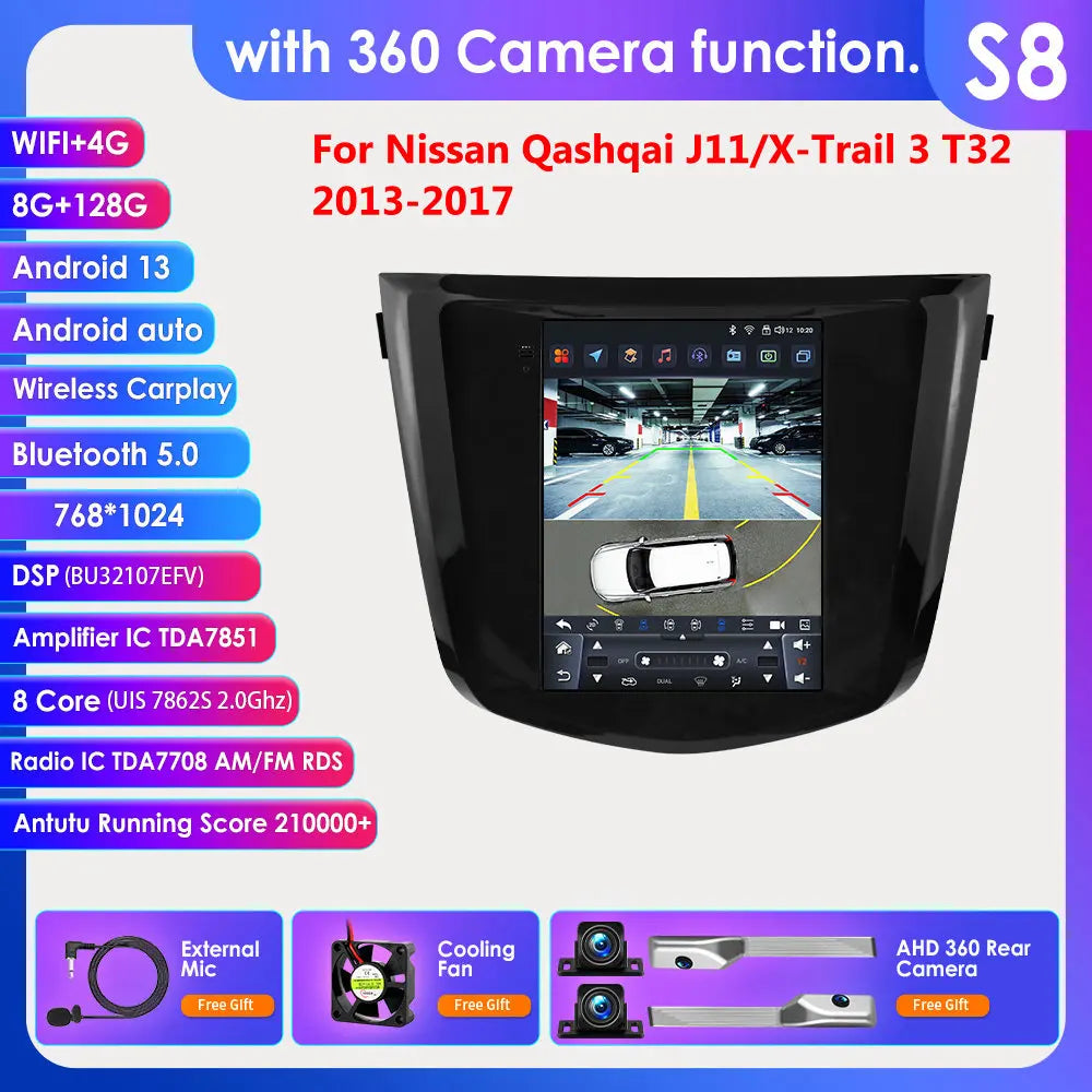 Nissan Qashqai J11 X-Trail 3 T32 2013-2017 9" Android 14 Carplay Android auto wireless wifi bt gps 4g AUTM5DN7