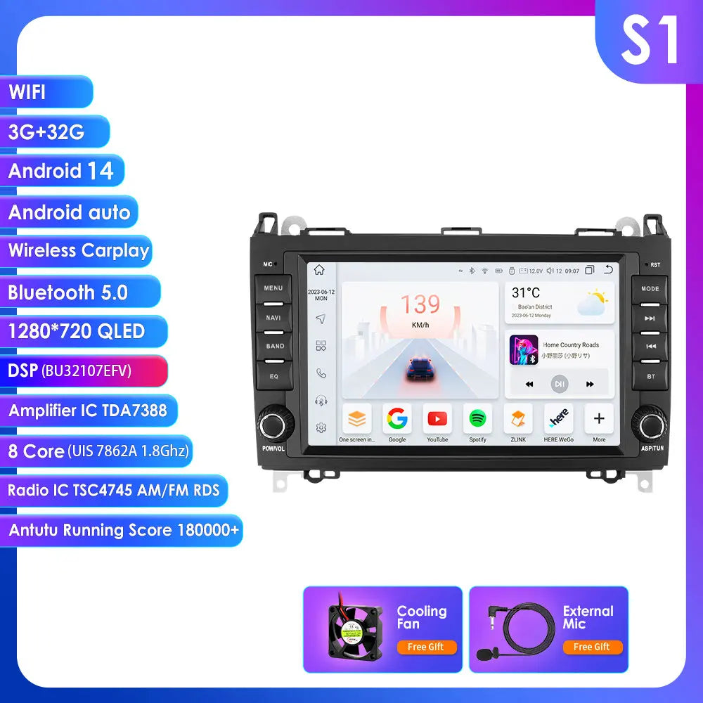 Mercedes Benz B200 Sprinter W906 W639 AB Class W169 W245 Viano Vito 7" Android 14 Carplay Android auto wireless wifi bt gps 4g AUTM24A2g