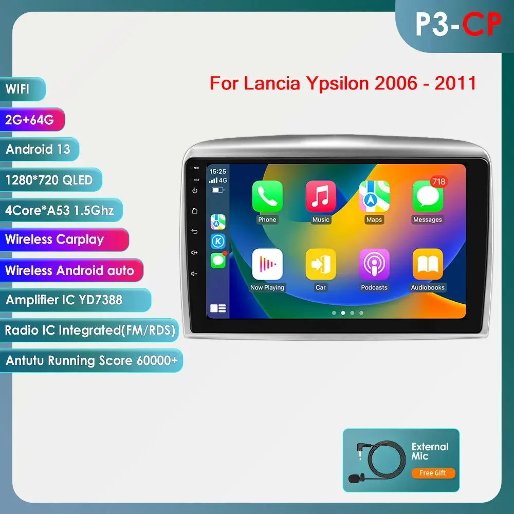 Lancia Ypsilon 2004 - 2011 9" / 10,33" Android 14 Carplay Android auto wireless wifi bt gps 4g AUTMNYFZ