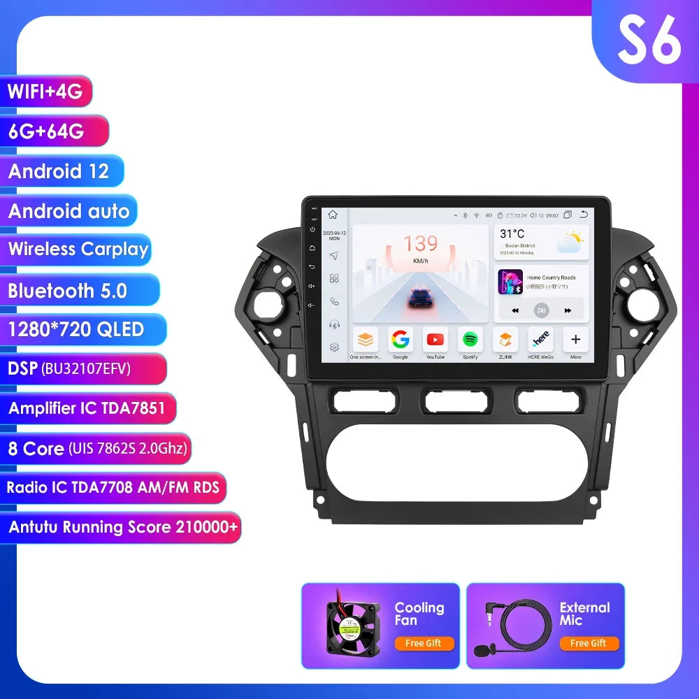 Ford Mondeo 2010 - 2014 9" Android 14 Carplay Android auto wireless wifi bt gps 4g AUTMNXWC