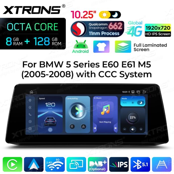 BMW | Serie 5 | Schermo completamente laminato da 10,25″ | Sistema operativo Android e OEM | Qualcomm 662 | Octa Core | 8 GB di RAM e 128 GB di ROM | QBBH14CCB12E60