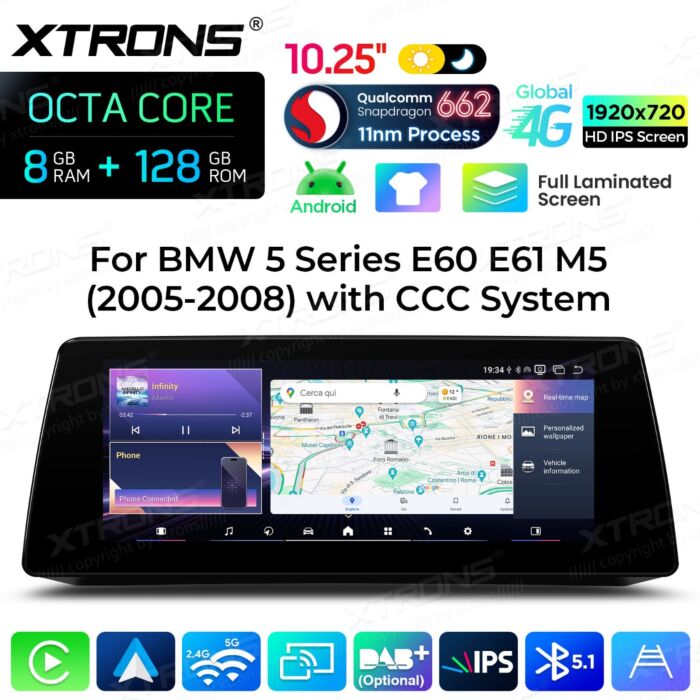 BMW | Serie 5 | Schermo completamente laminato da 10,25″ | Sistema operativo Android e OEM | Qualcomm 662 | Octa Core | 8 GB di RAM e 128 GB di ROM | QBBH14CCB12E60