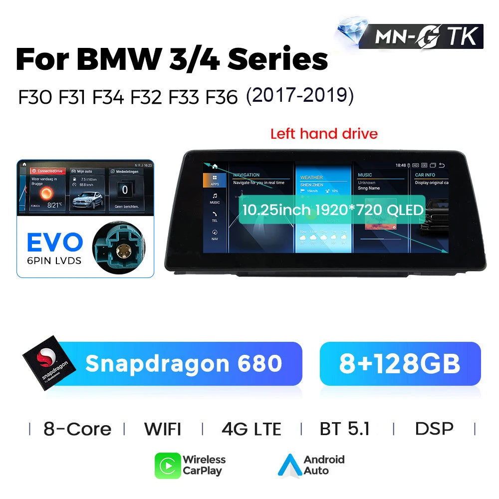 BMW 3 4 Series F30 F31 F32 F33 F34 F36 10,25" / 12,3" Android 14 Car Radio Snapdragon 680 Carplay Android Auto wireless GPS WIFI BT USB  AUTMFPLI