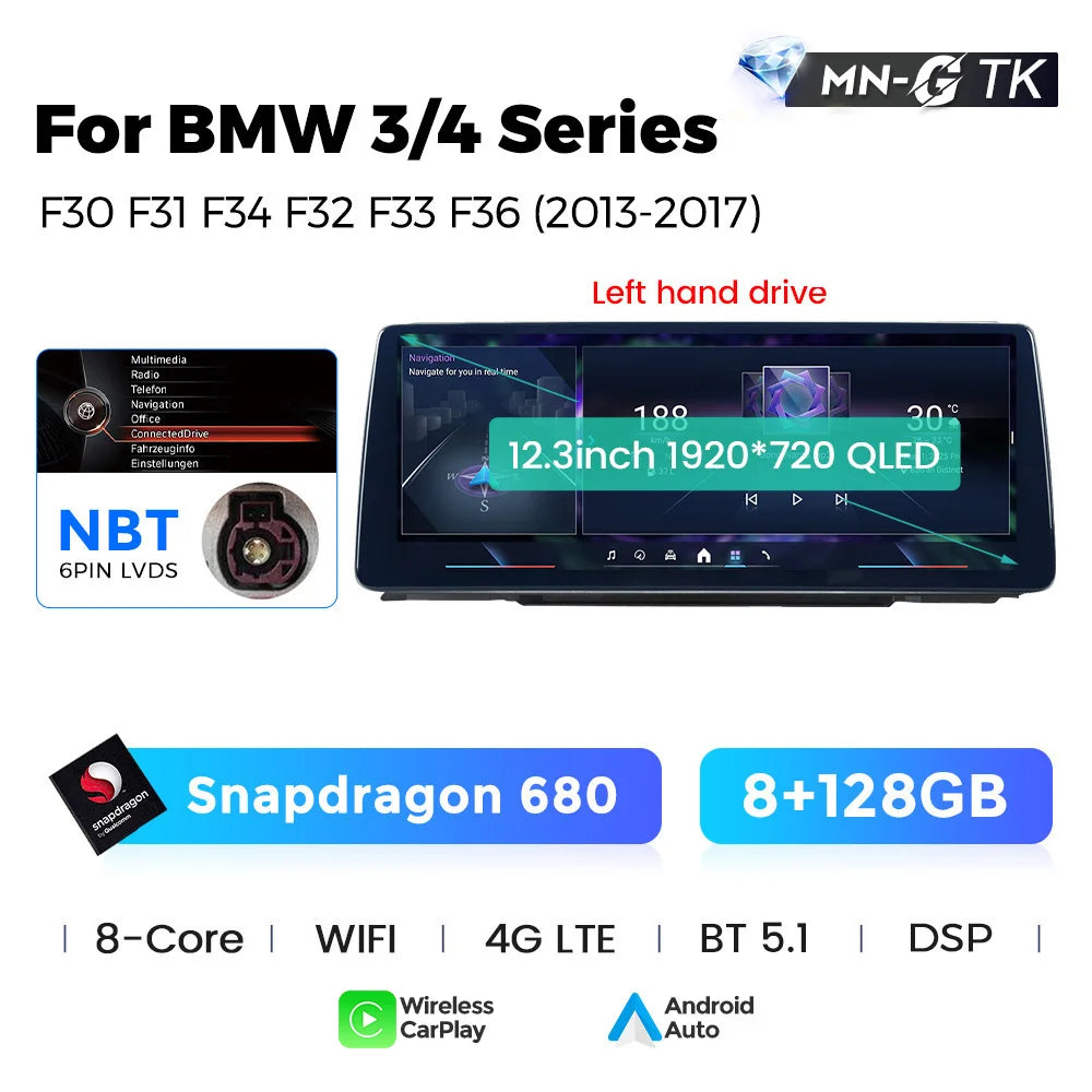 BMW 3 4 Series F30 F31 F32 F33 F34 F36 10,25" / 12,3" Android 14 Car Radio Snapdragon 680 Carplay Android Auto wireless GPS WIFI BT USB  AUTMFPLI