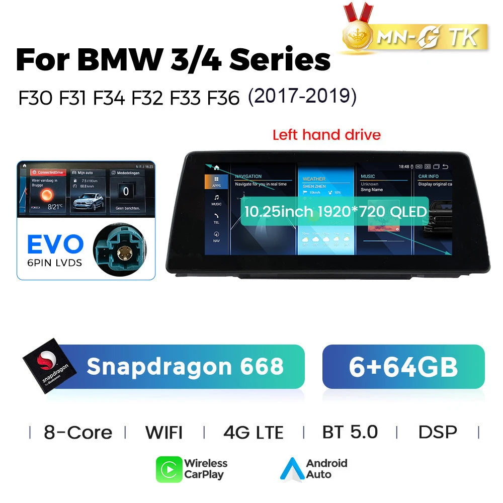 BMW 3 4 Series F30 F31 F32 F33 F34 F36 10,25" / 12,3" Android 14 Car Radio Snapdragon 680 Carplay Android Auto wireless GPS WIFI BT USB  AUTMFPLI