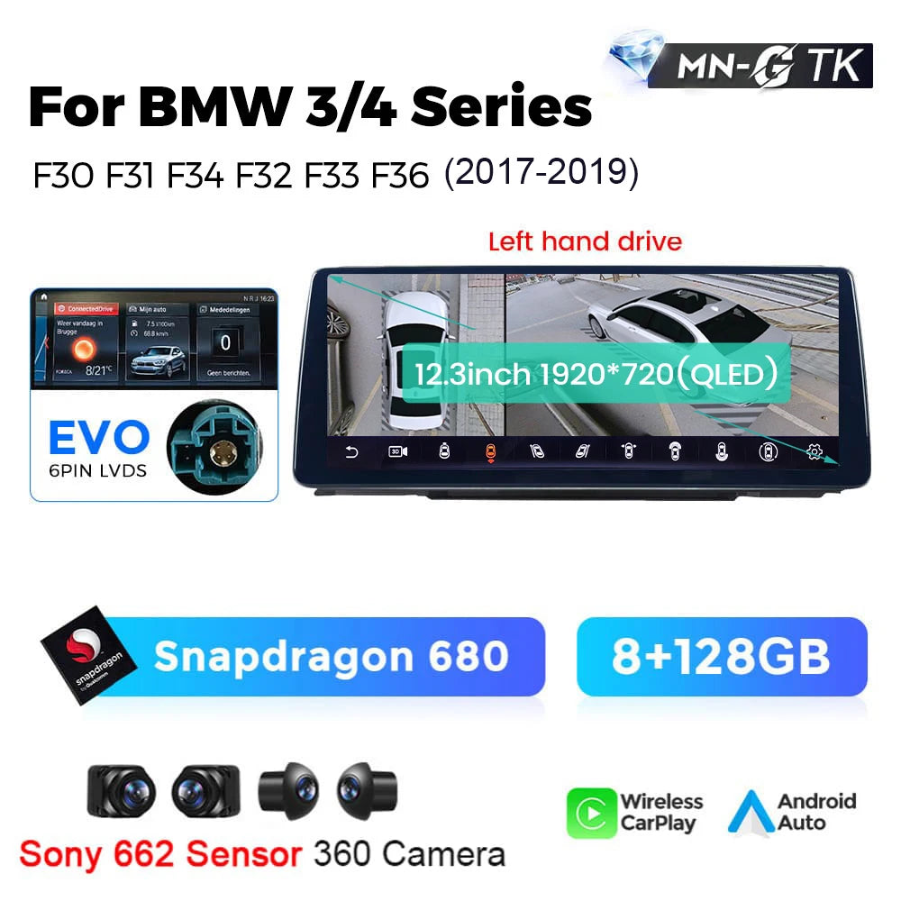 BMW 3 4 Series F30 F31 F32 F33 F34 F36 10,25" / 12,3" Android 14 Car Radio Snapdragon 680 Carplay Android Auto wireless GPS WIFI BT USB  AUTMFPLI