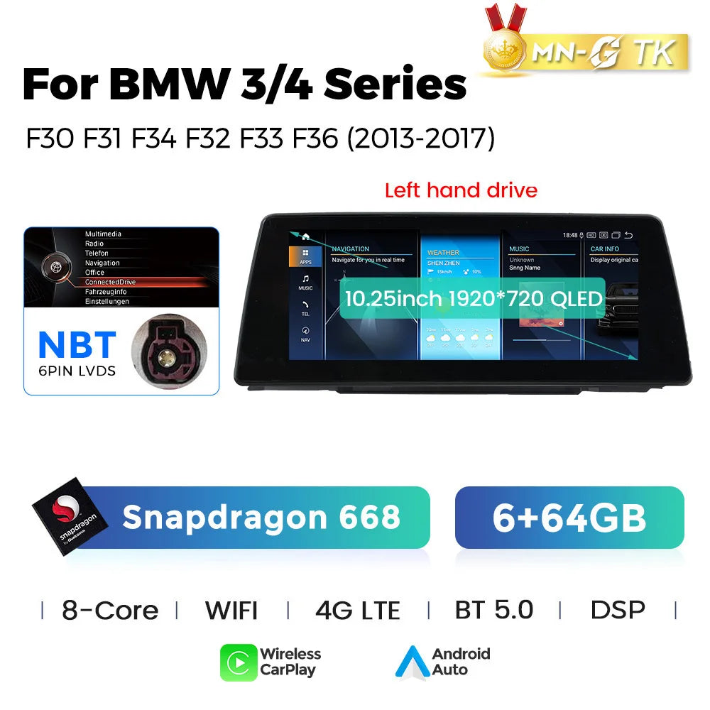 BMW 3 4 Series F30 F31 F32 F33 F34 F36 10,25" / 12,3" Android 14 Car Radio Snapdragon 680 Carplay Android Auto wireless GPS WIFI BT USB  AUTMFPLI