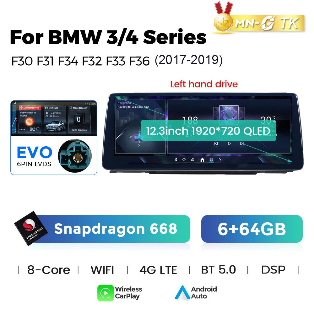 BMW 3 4 Series F30 F31 F32 F33 F34 F36 10,25" / 12,3" Android 14 Car Radio Snapdragon 680 Carplay Android Auto wireless GPS WIFI BT USB  AUTMFPLI