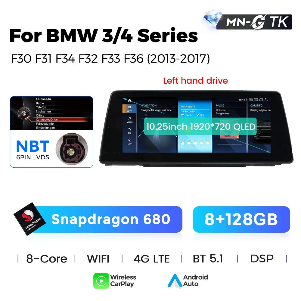 BMW 3 4 Series F30 F31 F32 F33 F34 F36 10,25" / 12,3" Android 14 Car Radio Snapdragon 680 Carplay Android Auto wireless GPS WIFI BT USB  AUTMFPLI