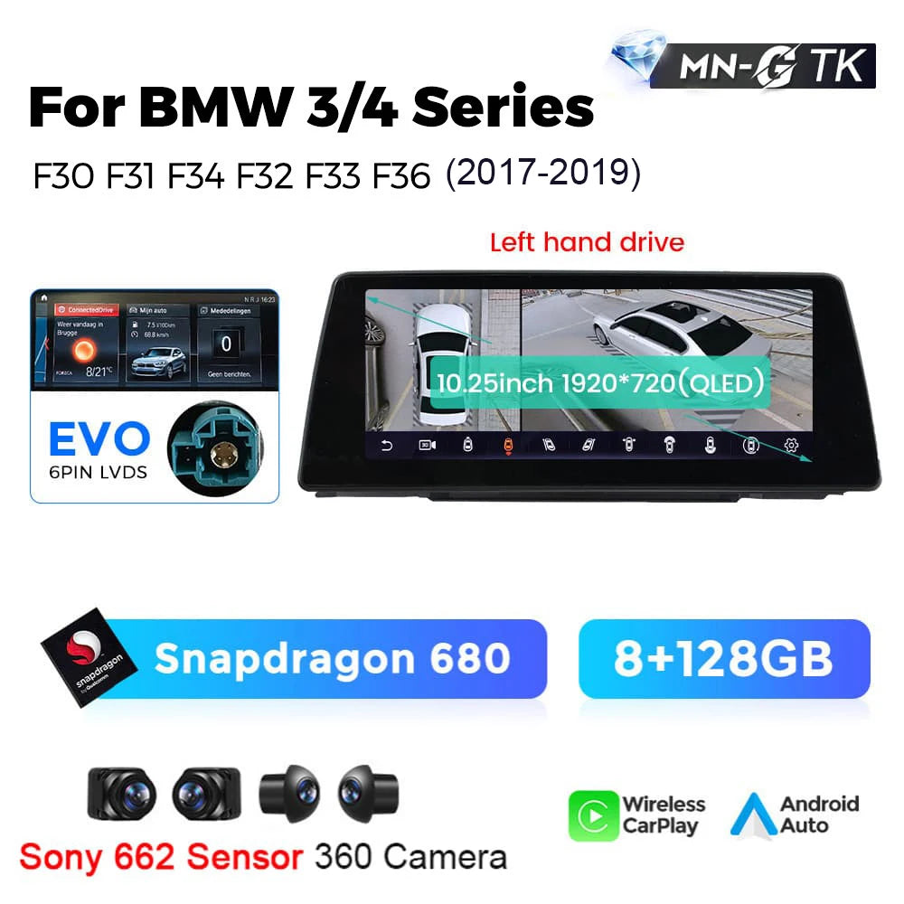 BMW 3 4 Series F30 F31 F32 F33 F34 F36 10,25" / 12,3" Android 14 Car Radio Snapdragon 680 Carplay Android Auto wireless GPS WIFI BT USB  AUTMFPLI