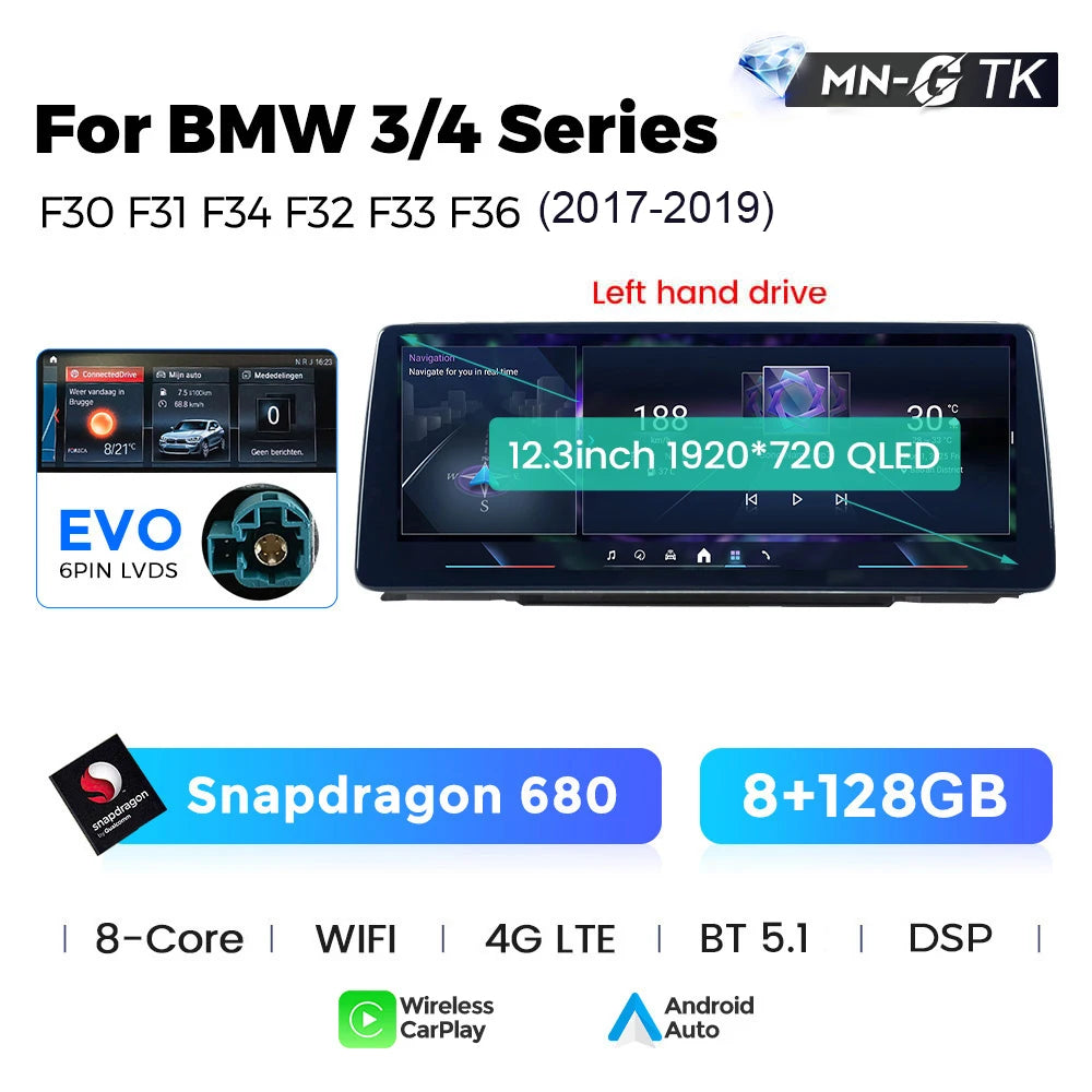 BMW 3 4 Series F30 F31 F32 F33 F34 F36 10,25" / 12,3" Android 14 Car Radio Snapdragon 680 Carplay Android Auto wireless GPS WIFI BT USB  AUTMFPLI