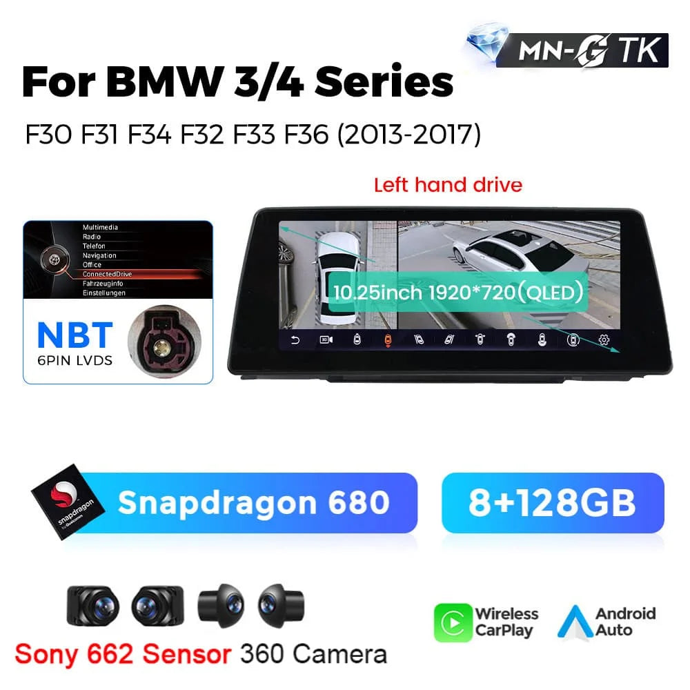 BMW 3 4 Series F30 F31 F32 F33 F34 F36 10,25" / 12,3" Android 14 Car Radio Snapdragon 680 Carplay Android Auto wireless GPS WIFI BT USB  AUTMFPLI