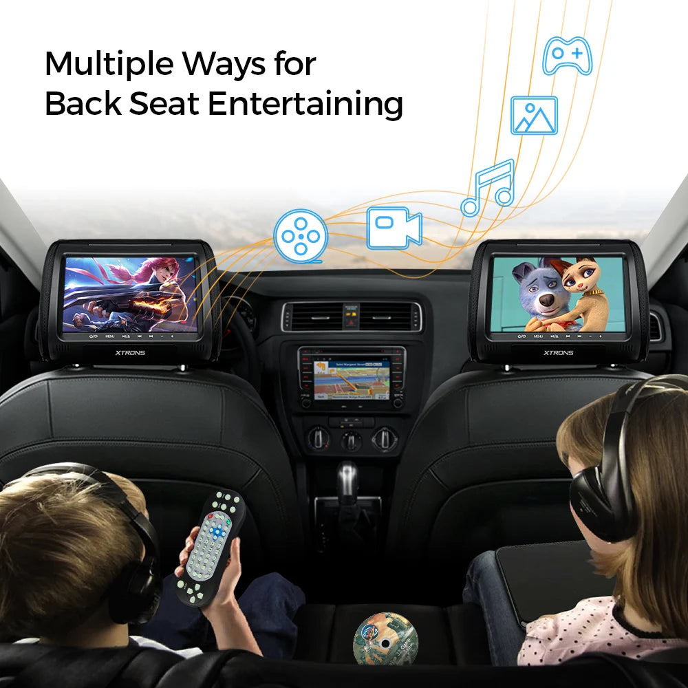 9 " 2 pezzi monitor poggiatesta universale per auto schermo TFT  lettore DVD  con trasmettitore USB SD/FM uscita audio video RCA HD908D