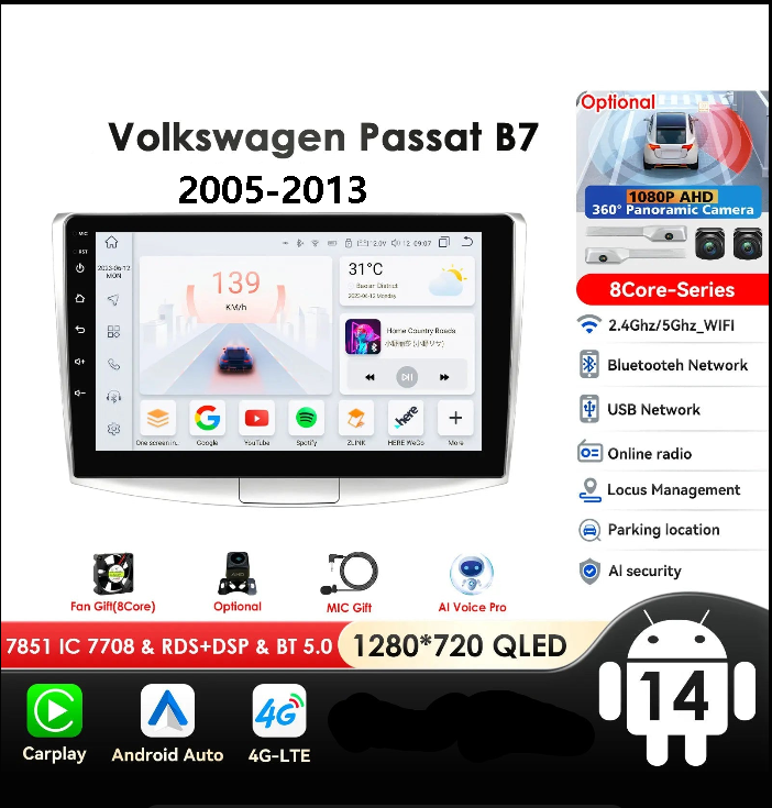 Volkswagen VW Passat B7 CC 2005-2013 10,1" Android 14 Carplay Android auto wireless wifi bt gps 4g  AUTMBNJ2