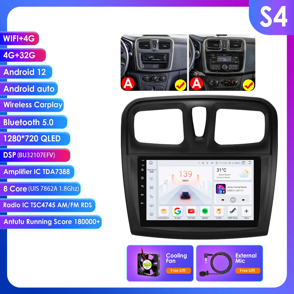 Dacia Logan 2 II Sandero 2  2012-2019 9" Android 14 Carplay Android auto wireless wifi bt gps 4g AUTMH2D9