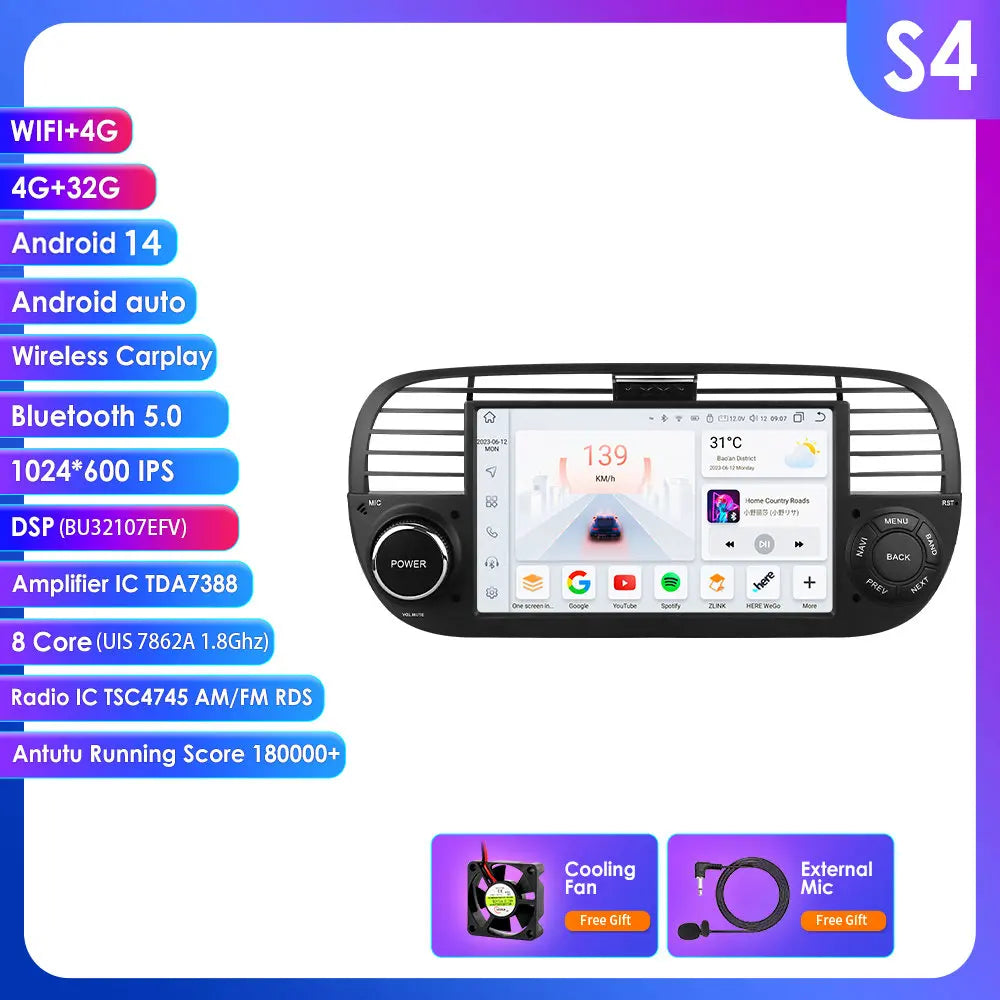 Fiat 500 2007 - 2015 7" Android 14 Carplay Android auto wireless wifi bt gps 4g  AUTM7QGL