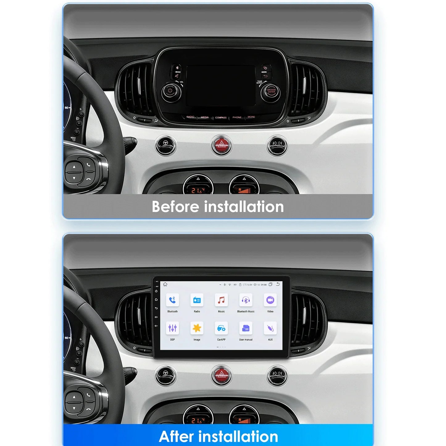 Fiat 500 2016 -2020  9"/10,33" Android 14 Carplay Android auto wireless wifi bt gps 4g AUTM7LJI