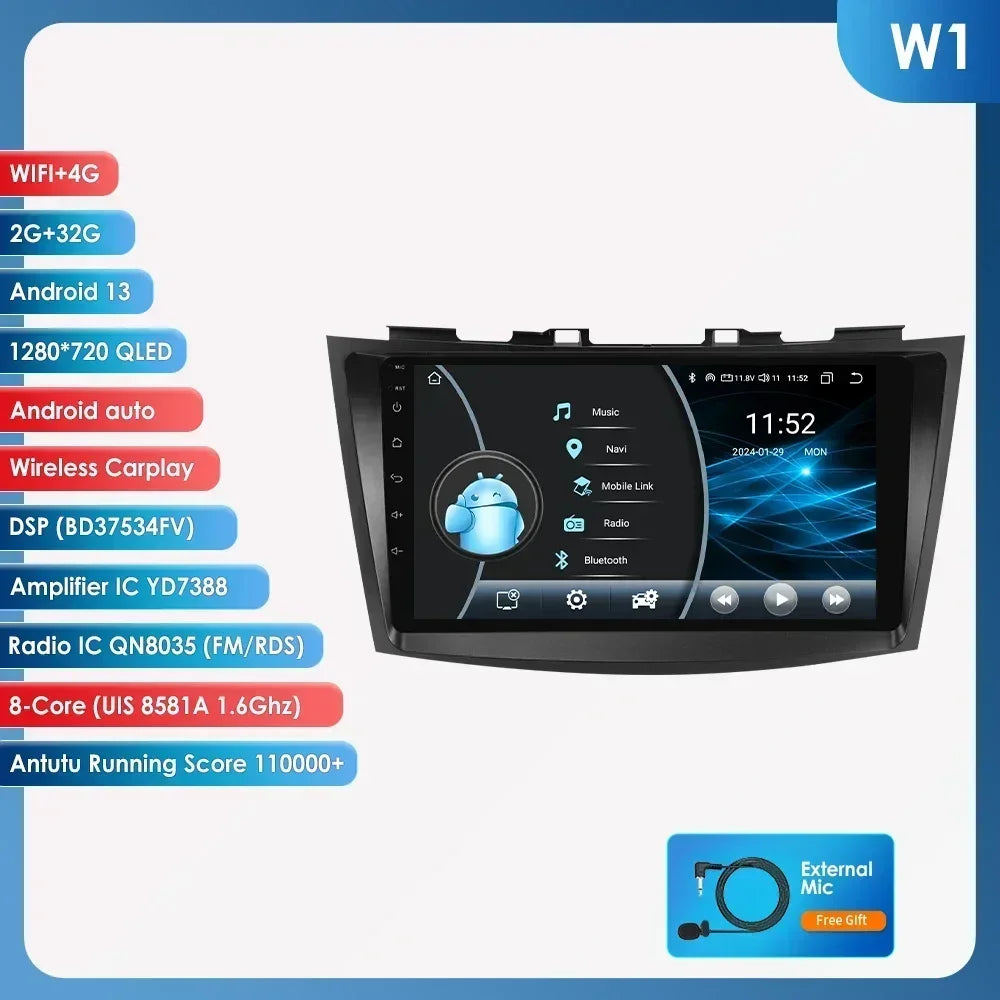Suzuki Swift 4 2011-2015 9" Android 14 Carplay Android auto wireless wifi bt gps 4g  AUTMSCNB
