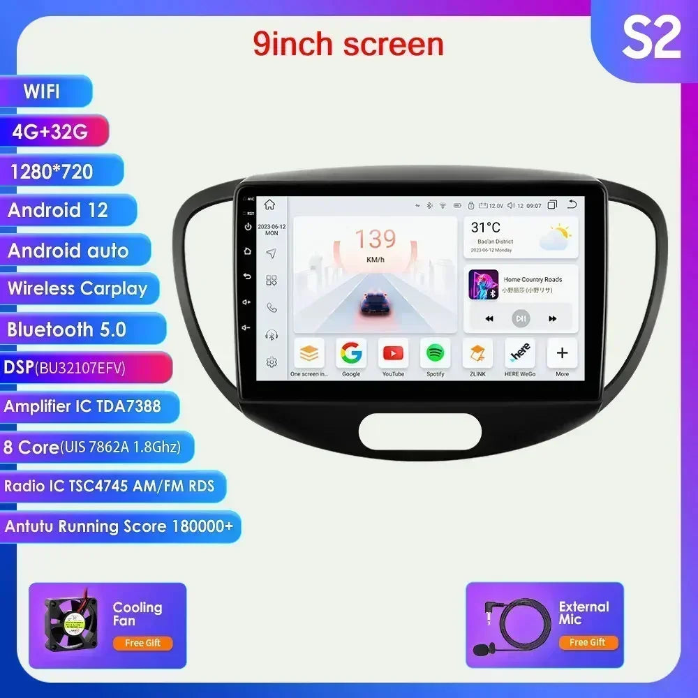Hyundai I10 2007-2013 9"/10,33" Android 14 Carplay Android auto wireless wifi bt gps 4g  AUTMMDSZ