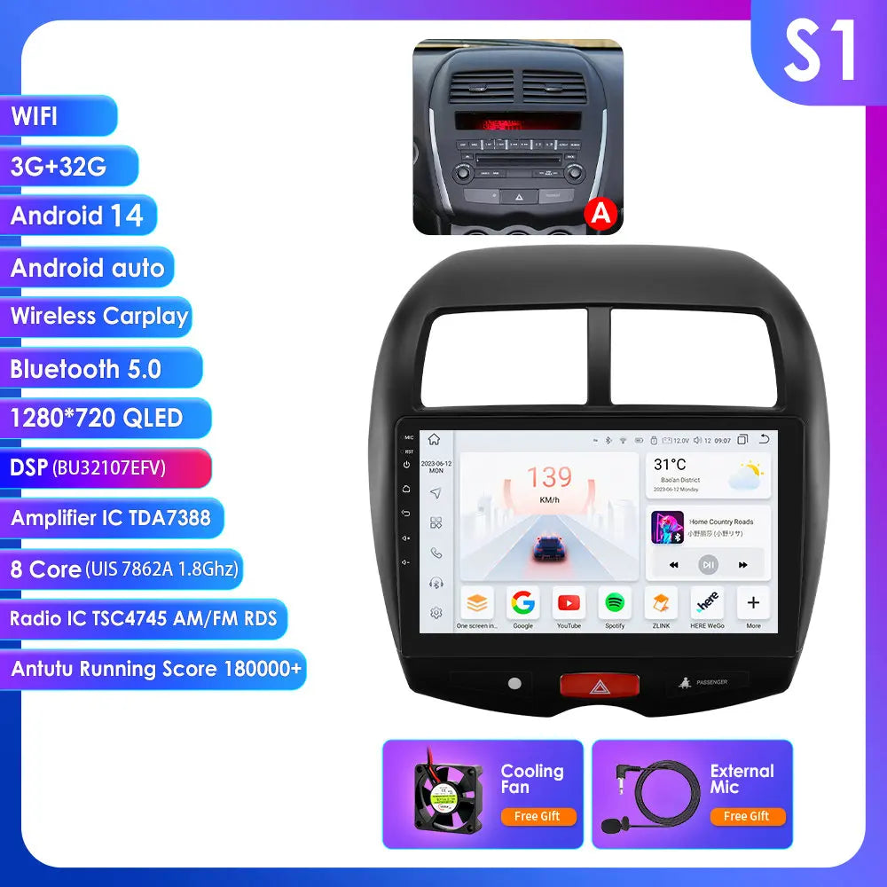Mitsubishi ASX 1 2010 - 2018/ Citroen C4 aircross 9"Android 14 Carplay Android auto wireless wifi bt gps 4g RDS AUTMMTBSX