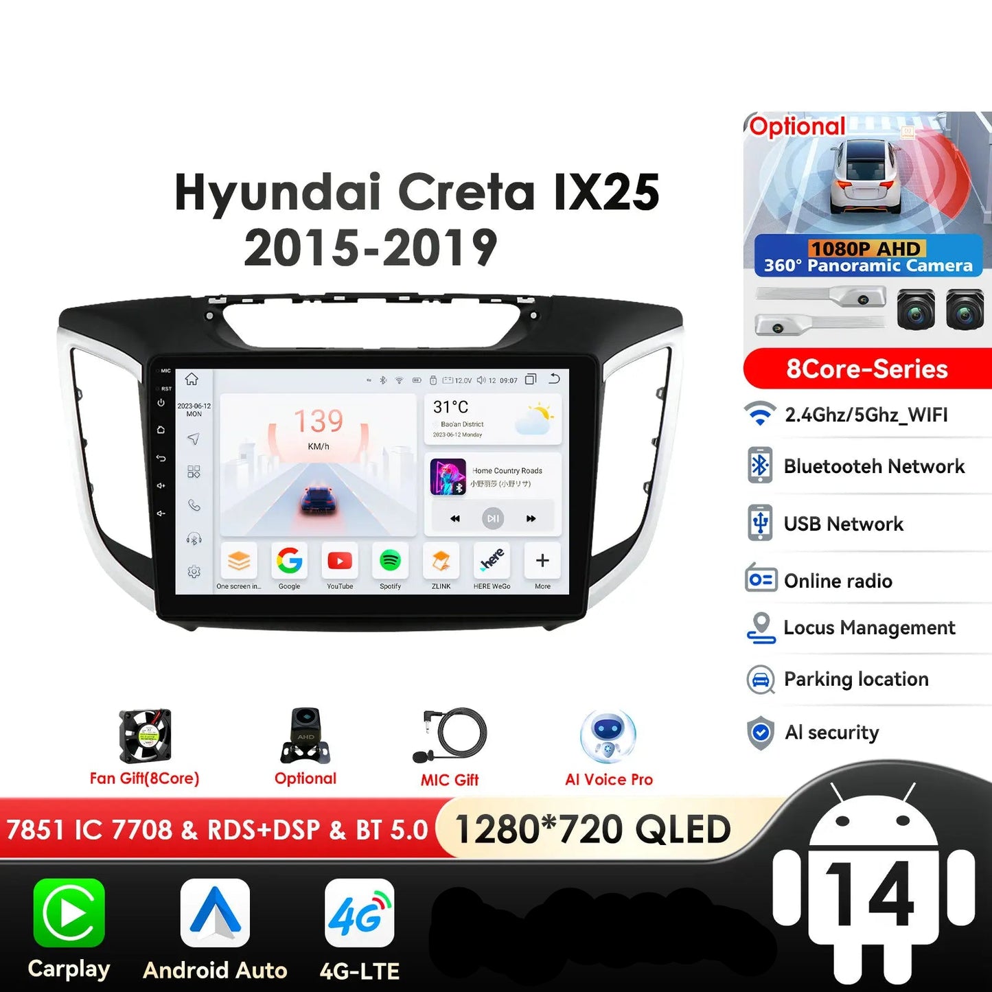 Hyundai Creta Ix25 2015 - 2019 10,1" Android 14 Carplay Android auto wireless wifi bt gps 4g  AUTM4S9U