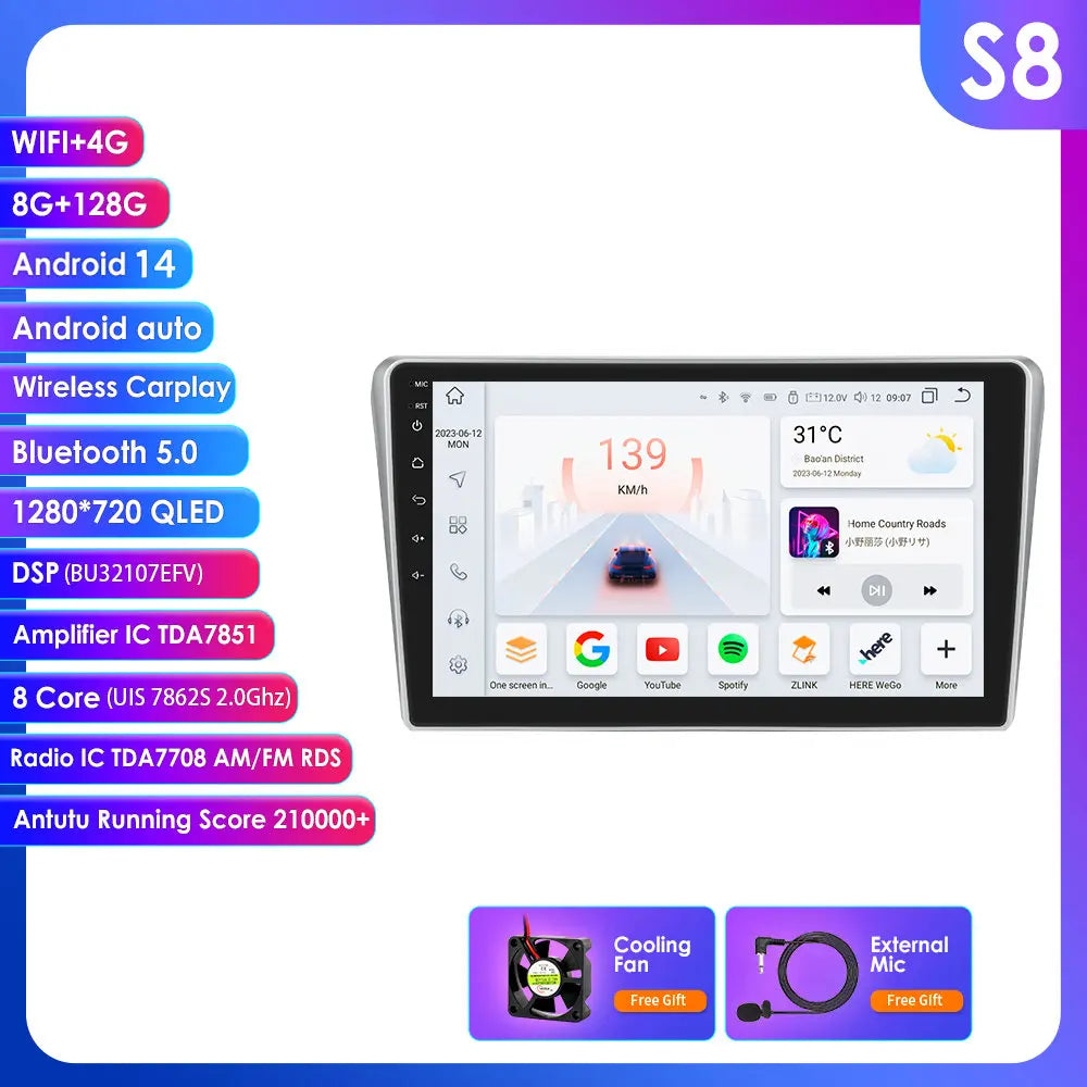 Toyota Avensis T25 2002- 2008 9" Android 14 Carplay Android auto wireless wifi bt gps 4g  AUTM01HZ