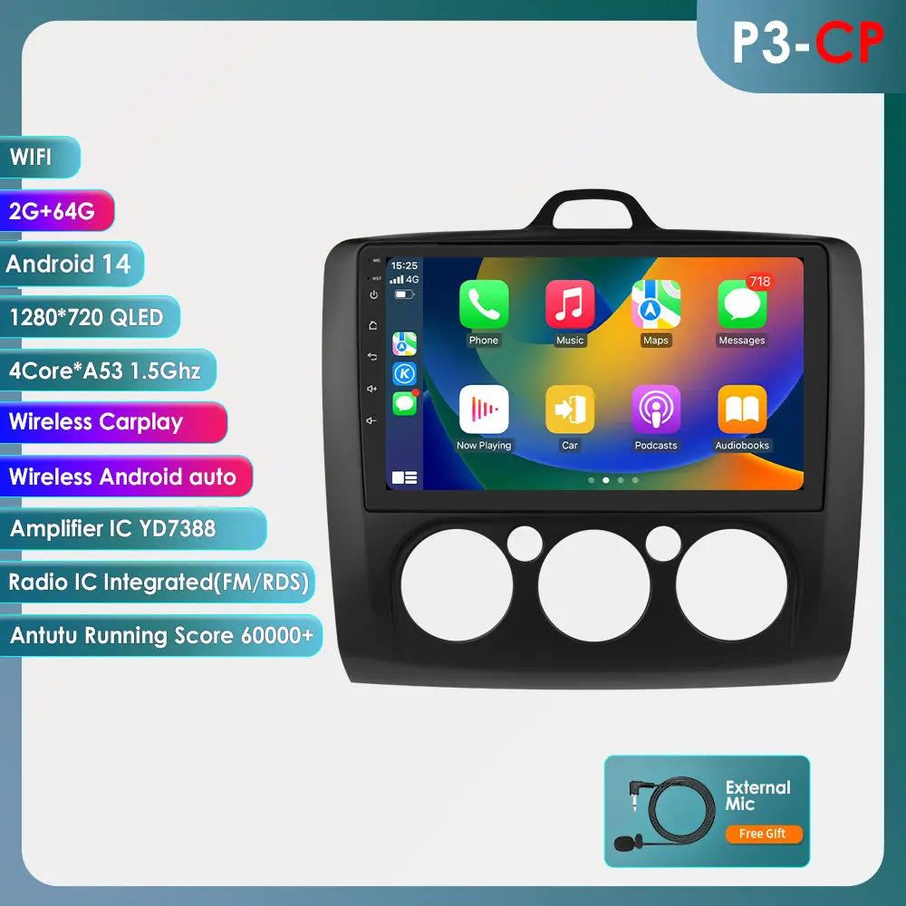 Ford Focus 2 3 Mk2 Mk3 2004-2011 9" Android 14 Carplay Android auto wireless wifi bt gps 4g  AUTMG5XX