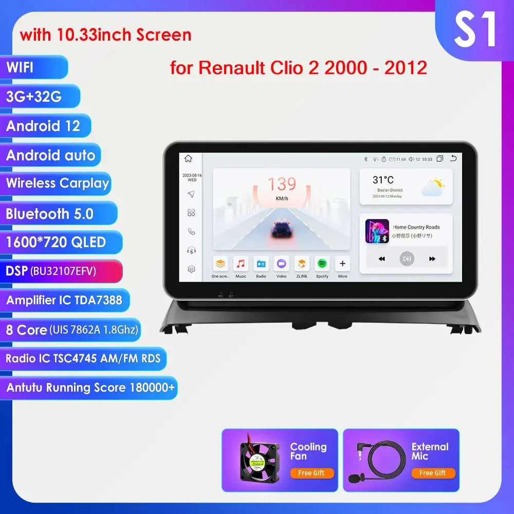 Renault Clio 2 2000 - 2012 9" Android 14 Carplay Android auto wireless wifi bt gps 4g  AUTM8236