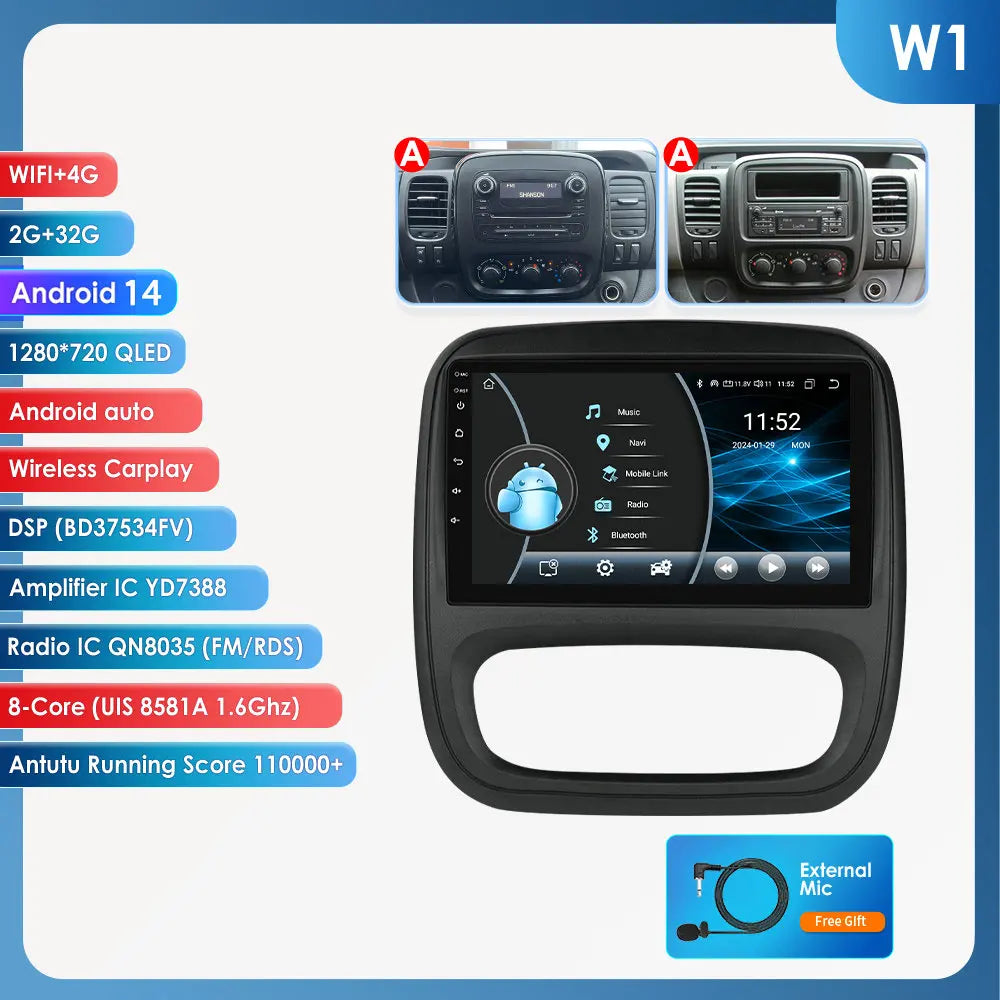 Fiat Talento Renault Trafic 3 / Opel Vivaro B 2014-2021 9" Android 14 Carplay Android auto wireless wifi bt gps 4g AUTMUYH9