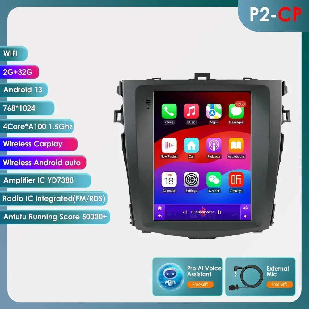 Toyota Corolla E140 / E150 2006 - 2013 9.7"  Android 14 Carplay Android auto wireless wifi bt gps 4g CRLTYTE2