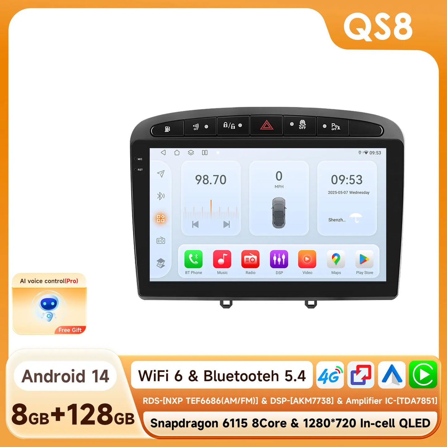 Peugeot 308 308SW Peugeot 9" Android 14 Carplay Android auto wireless wifi bt gps 4g  AUTMAJNZ