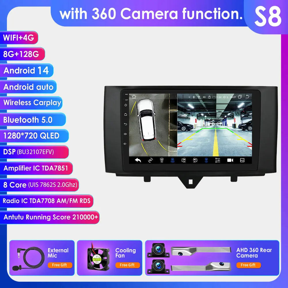 Smart Fortwo 2011-2015 9" Android 14 Carplay Android auto wireless wifi bt gps 4g  AUTMD7M1
