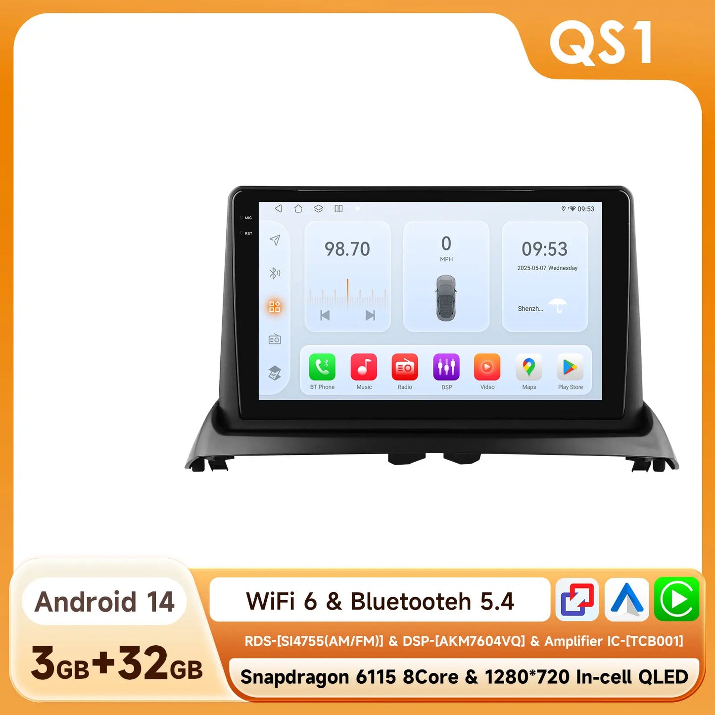 Renault Clio 2 2000 - 2012 9" Android 14 Carplay Android auto wireless wifi bt gps 4g  AUTM8236