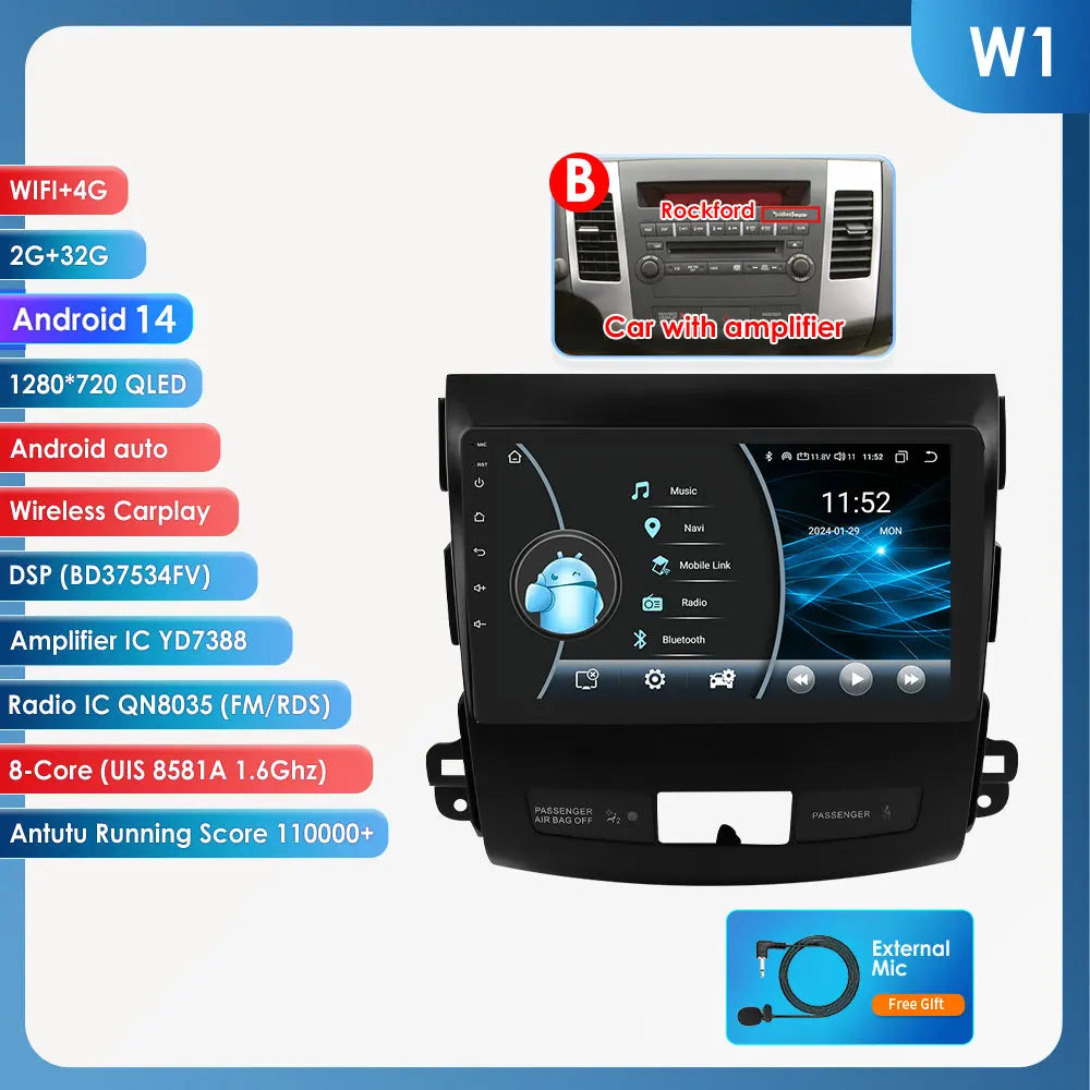 Mitsubishi Outlander 2 Peugeot 4007  Citroen C-Crosser 9" Android 14 Carplay Android auto wireless wifi bt gps 4g AUTMS5Y3
