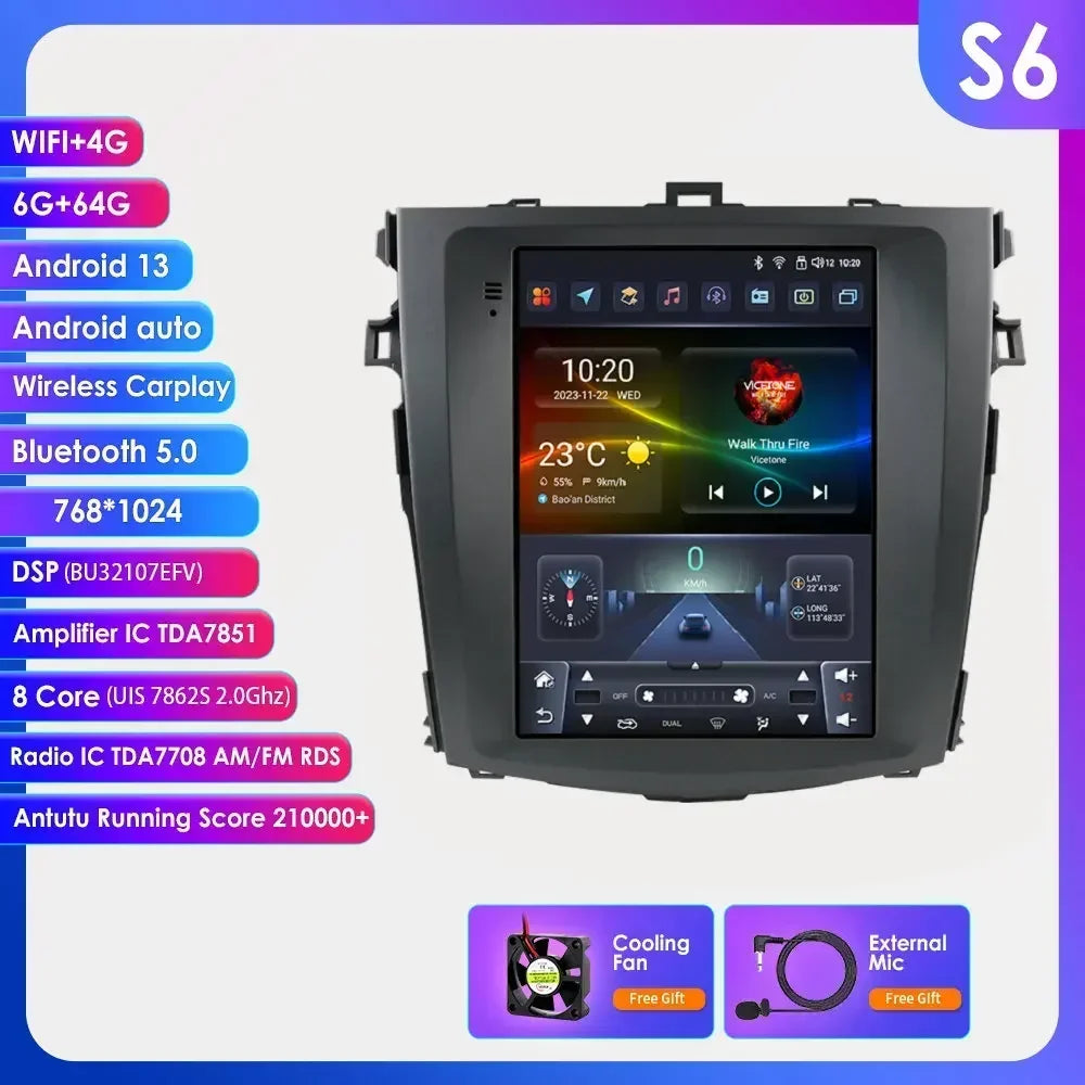 Toyota Corolla E140 / E150 2006 - 2013 9.7"  Android 14 Carplay Android auto wireless wifi bt gps 4g CRLTYTE2