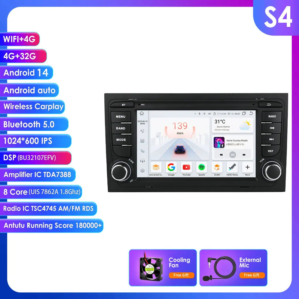 Audi A4 B9 B8 B7 B6 S4 RS4 SEAT Exeo 2000-2008 7" Android 14 Carplay Android auto wireless wifi bt gps 4g AUTM1EB1