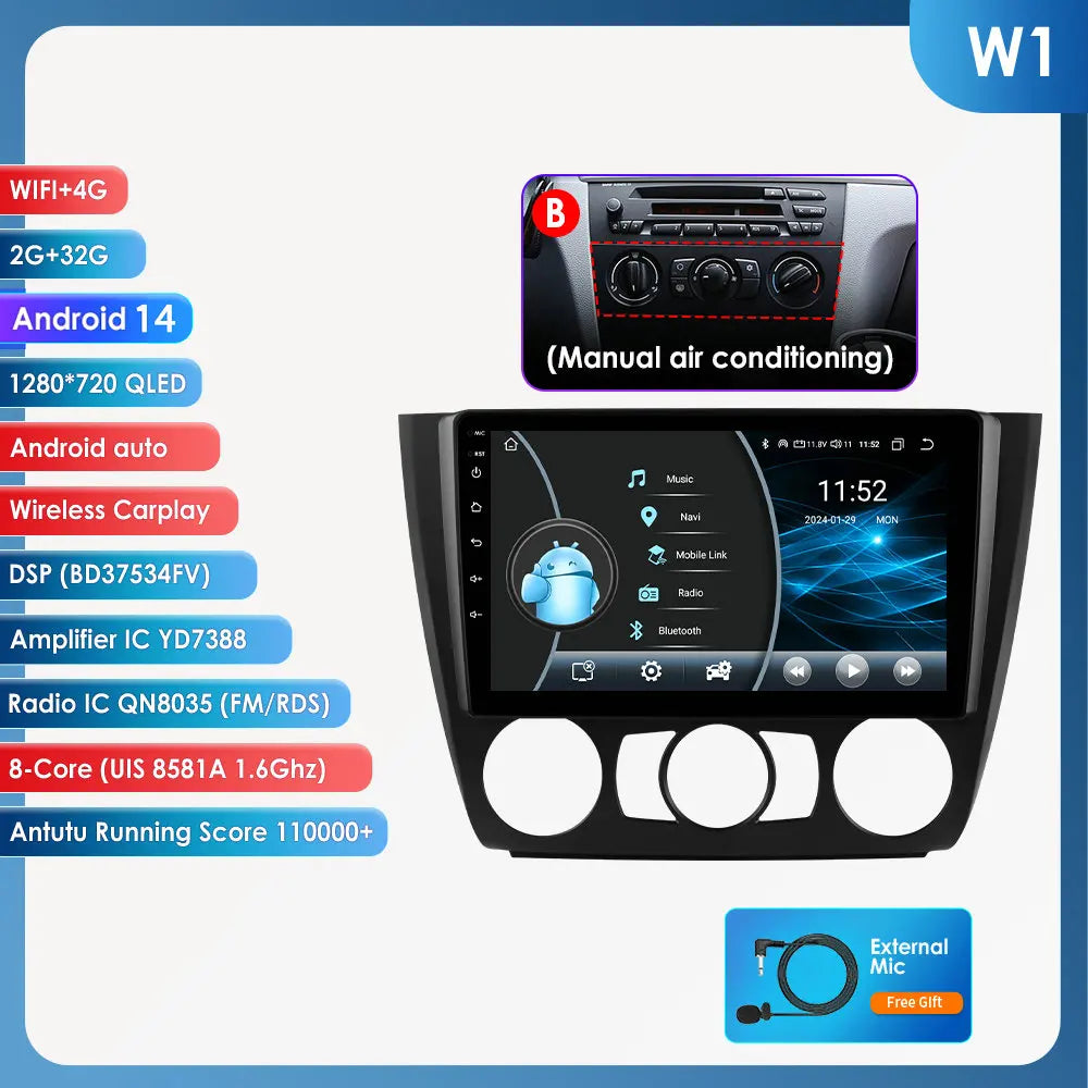BMW 1 Series E81 E82 E87 E88 2004-2011 9" Android 14 Carplay Android auto wireless wifi bt gps 4g  AUTM9KFA
