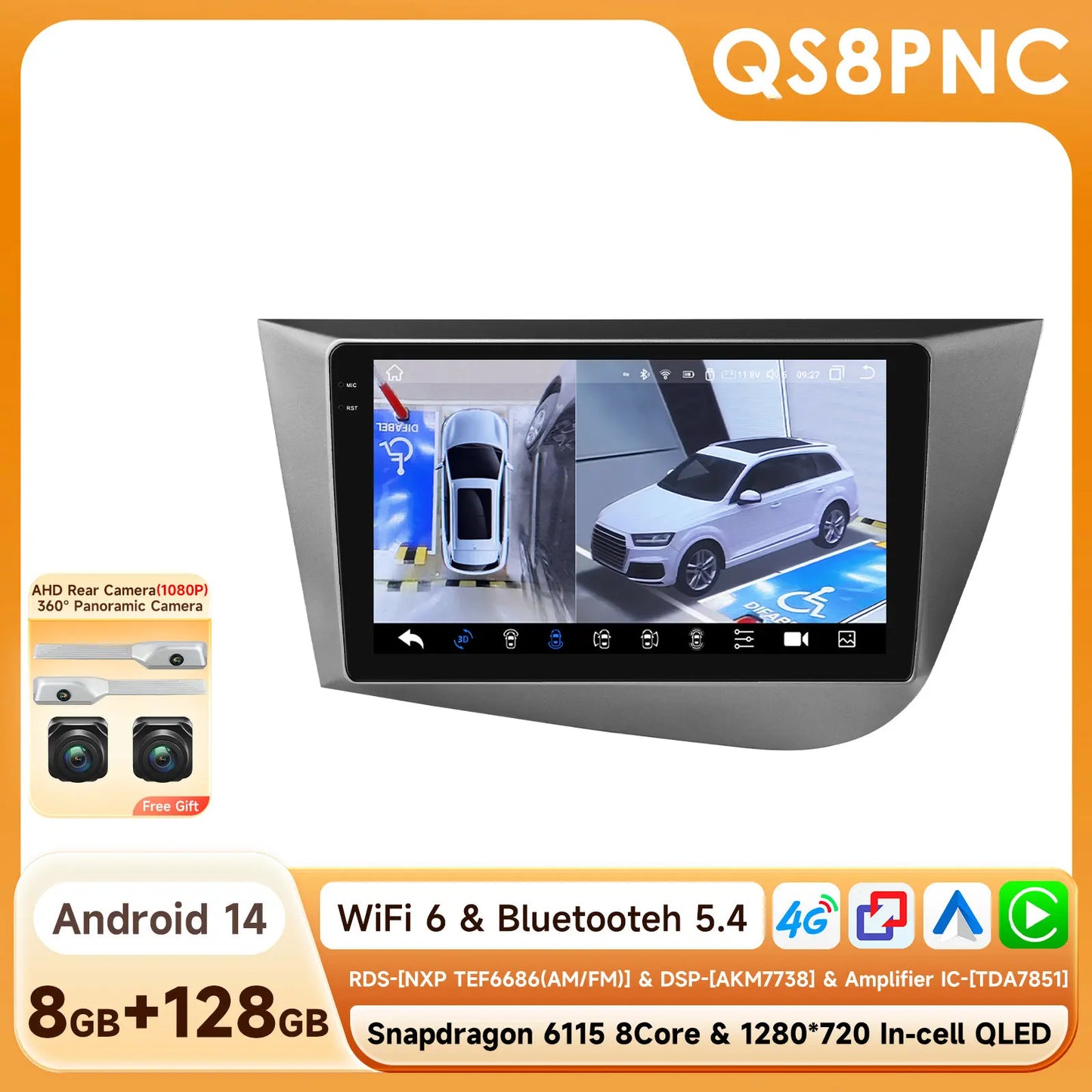 Seat Leon 2 MK2 2005 - 2012 9" Android 14 Carplay Android auto wireless wifi bt gps 4g  AUTMJ9VX