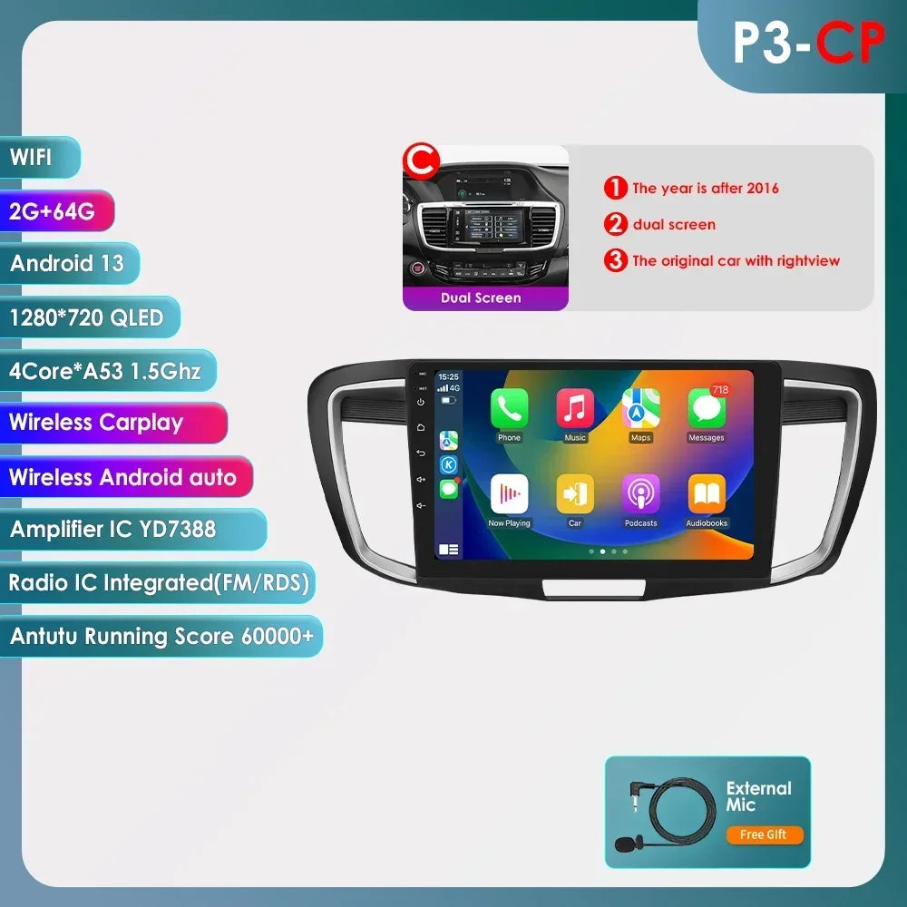Honda ACCORD 9 2.0L 2.4L 2012  -2018  9"  Android 14 Carplay Android auto wireless wifi bt gps 4g  AUTMA22DH