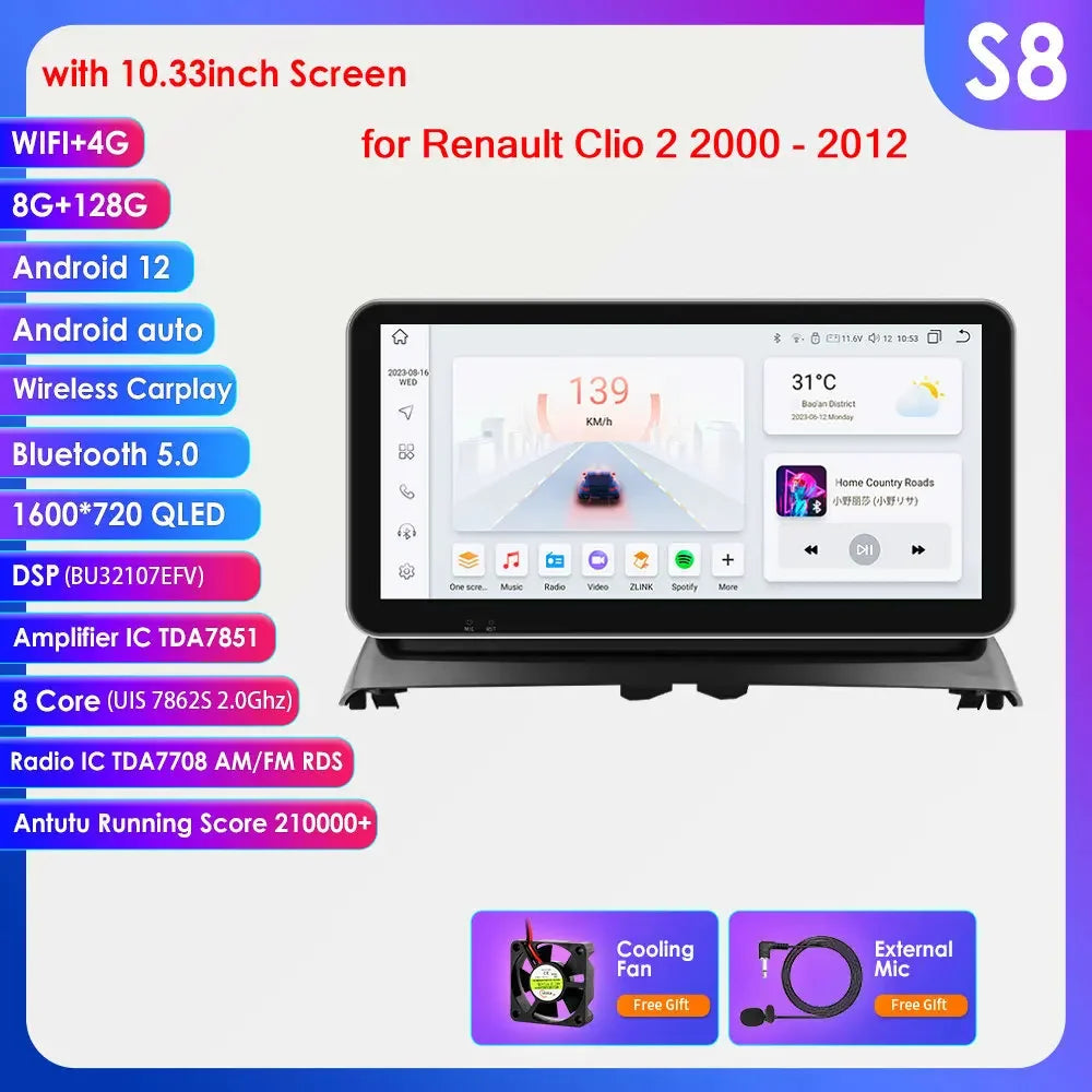 Renault Clio 2 2000 - 2012 9" Android 14 Carplay Android auto wireless wifi bt gps 4g  AUTM8236