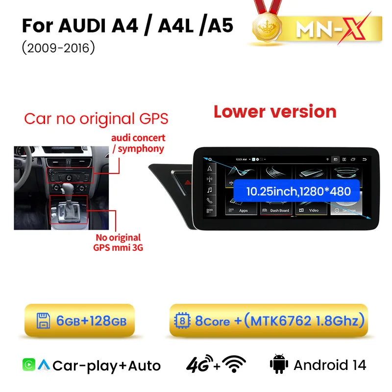 Audi A4 A4L A5 B8 2009-2016 10,25" Android 14 Stereo Car Smart System   Wireless CarPlay Wireless Android Auto  Multimedia Video Player Display 4G WiFi BT  AUTMAI1Y