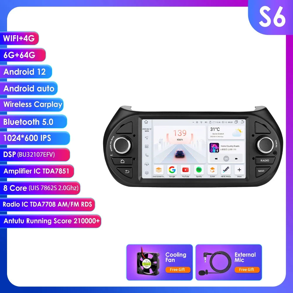 Fiat Qubo/ Fiorino / Citroen Nemo / Peugeot Bipper 7" Android 14 Carplay Android auto wireless wifi bt gps 4g   AUTMZVQA