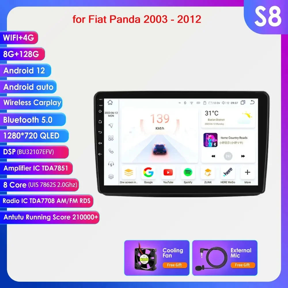 Fiat Panda 2003 - 2012 9" Android 14 Carplay Android auto wireless wifi bt gps 4g  AUTMWUM9