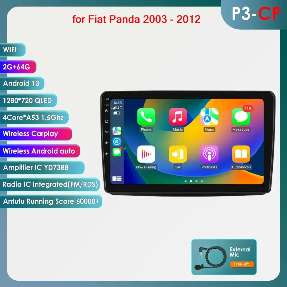 Fiat Panda 2003 - 2012 9" Android 14 Carplay Android auto wireless wifi bt gps 4g  AUTMWUM9