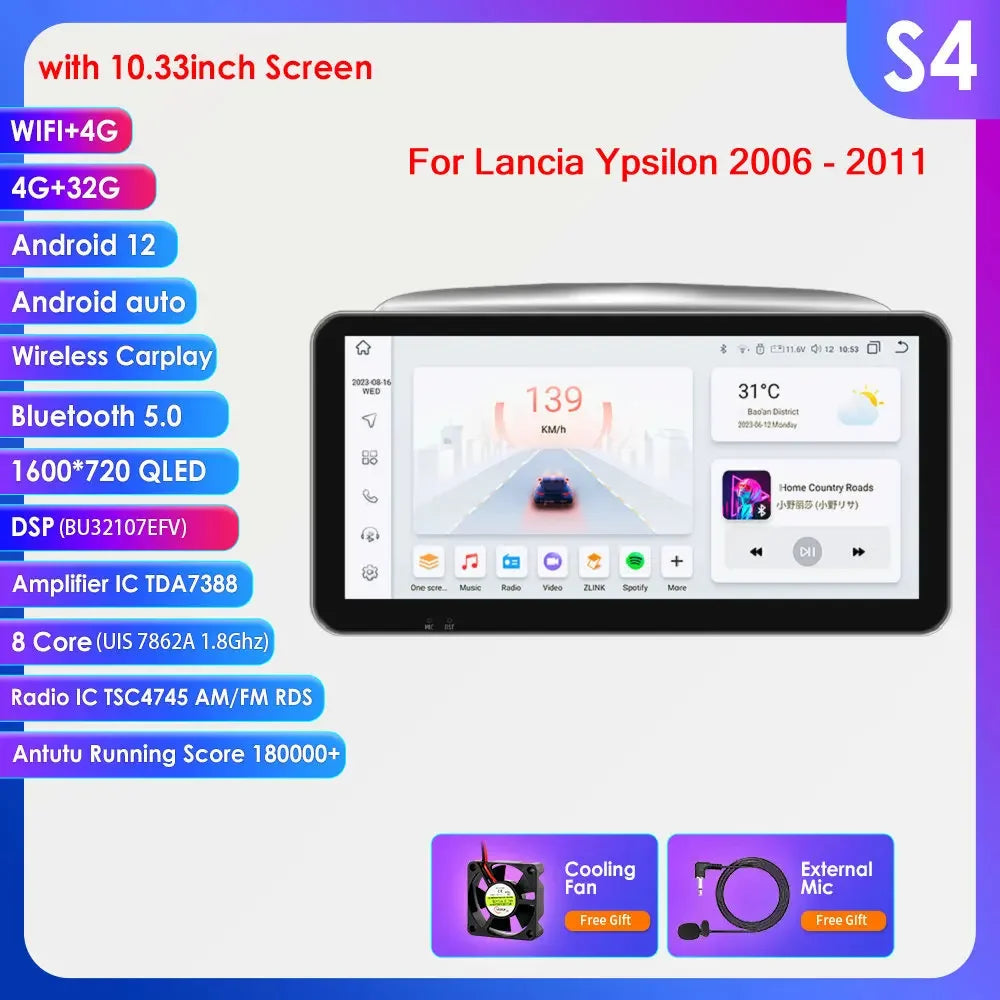 Lancia Ypsilon 2004 - 2011 9" / 10,33" Android 14 Carplay Android auto wireless wifi bt gps 4g  AUTMNYFZ