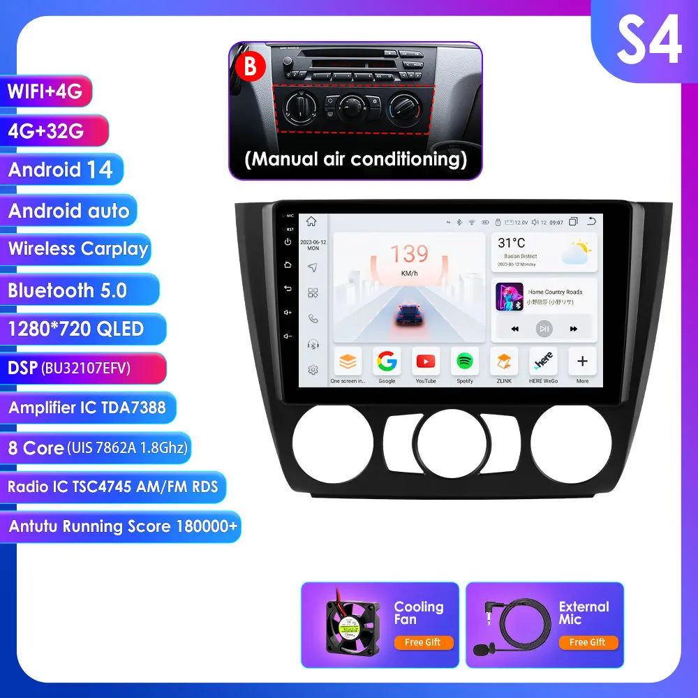 BMW 1 Series E81 E82 E87 E88 2004-2011 9" Android 14 Carplay Android auto wireless wifi bt gps 4g  AUTM9KFA